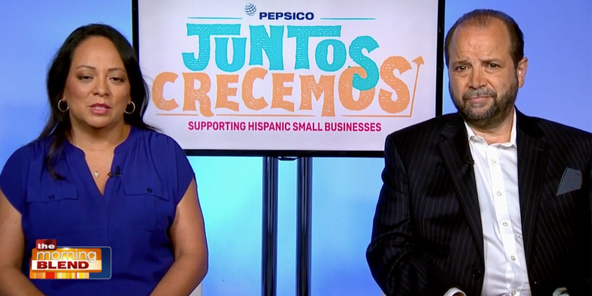Pepsico Juntos Crecemos Logo between a man wearing suit and a woman in blue.
